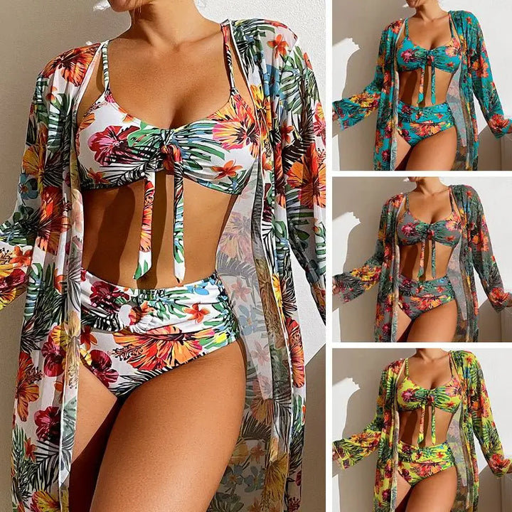Three Pieces Floral Printed Swimsuit Women Bikini Set