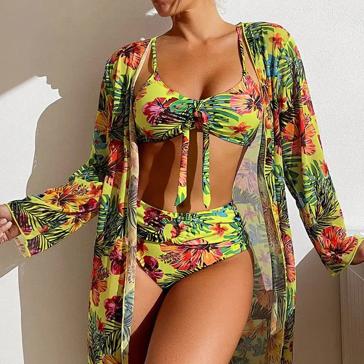 Three Pieces Floral Printed Swimsuit Women Bikini Set