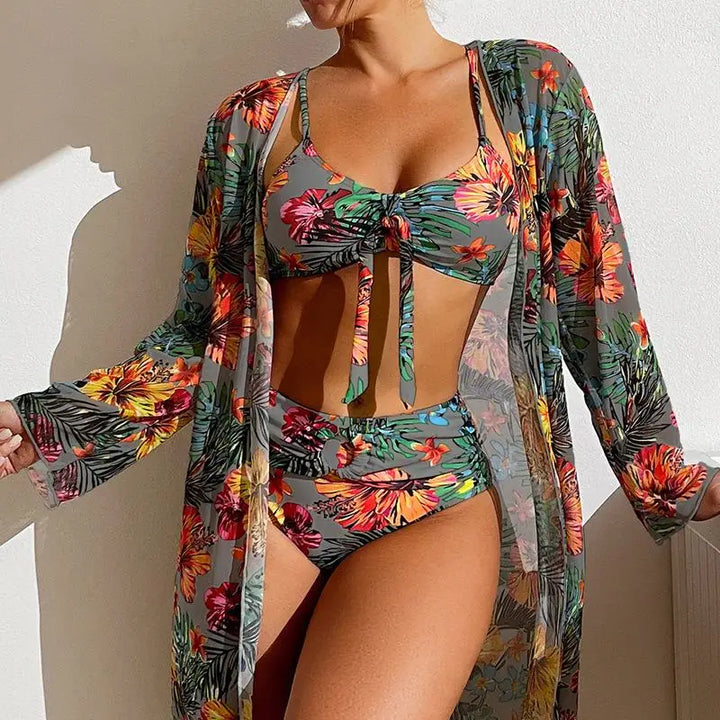 Three Pieces Floral Printed Swimsuit Women Bikini Set