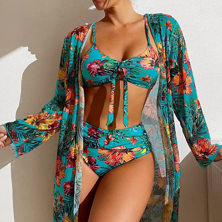 Three Pieces Floral Printed Swimsuit Women Bikini Set